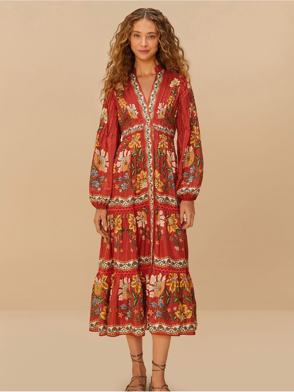 Bohemian Floral Tiered Maxi Dress - Rust Red